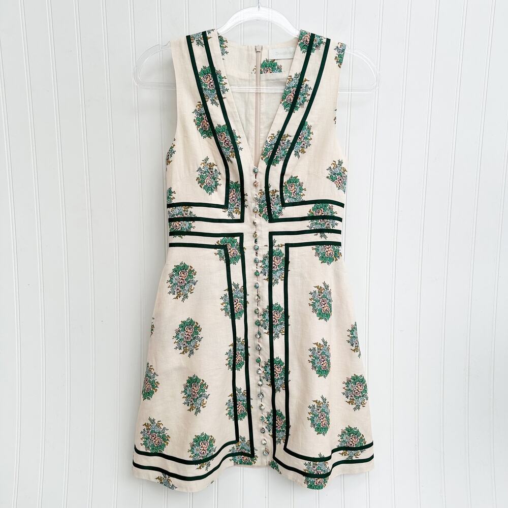 Zimmermann Cream Mini Dress with Green Trim and Floral Motif